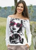 Blusa Branca Manga Longa com Decote Canoa