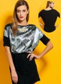 Blusa Cetim com Estampa Personalizada Preta
