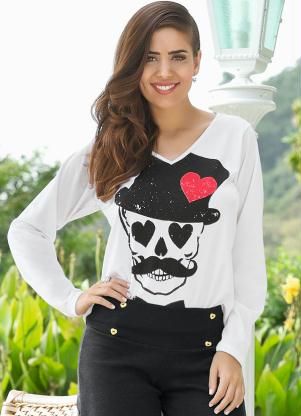Blusa Caveira Manga Longa Branca