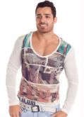 Camisa Manga Longa Bege Estampada