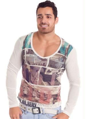 Camisa Manga Longa Bege Estampada
