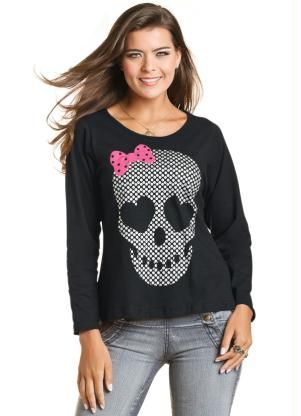 Blusa com Estampa Frontal de Caveira Preta